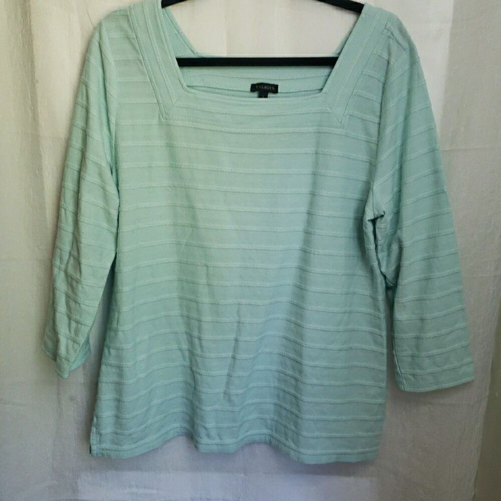 Talbots Stripe Top Square Neck 3/4 Sleeve Pullover Blouse Women's Size L FLAW
